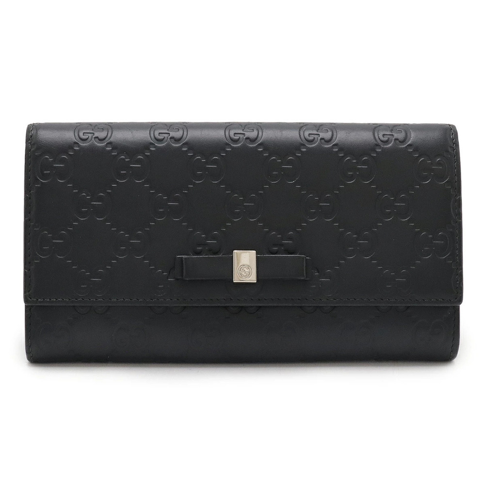 Gucci Guccissima BOWY Ribbon Motif Bi fold Long Wallet Leather Black